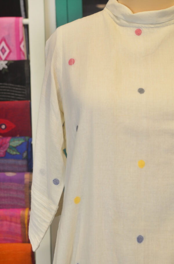 Hand spun Handwoven Pure Cotton White jamdani Cow neck Dress, With Lining - Image 4