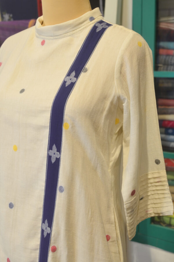 Hand spun Handwoven Pure Cotton White jamdani Cow neck Dress, With Lining - Image 7