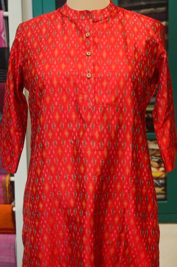 Hand Spun Handwoven Pure Silk Red round Neck Straight Fit Dress with Lining - Image 2