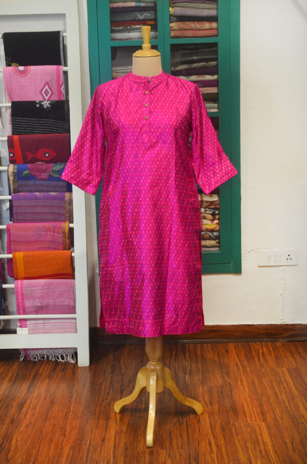 Hand Spun Handwoven Pure Silk Hot pink round Neck Straight Fit Dress with Lining