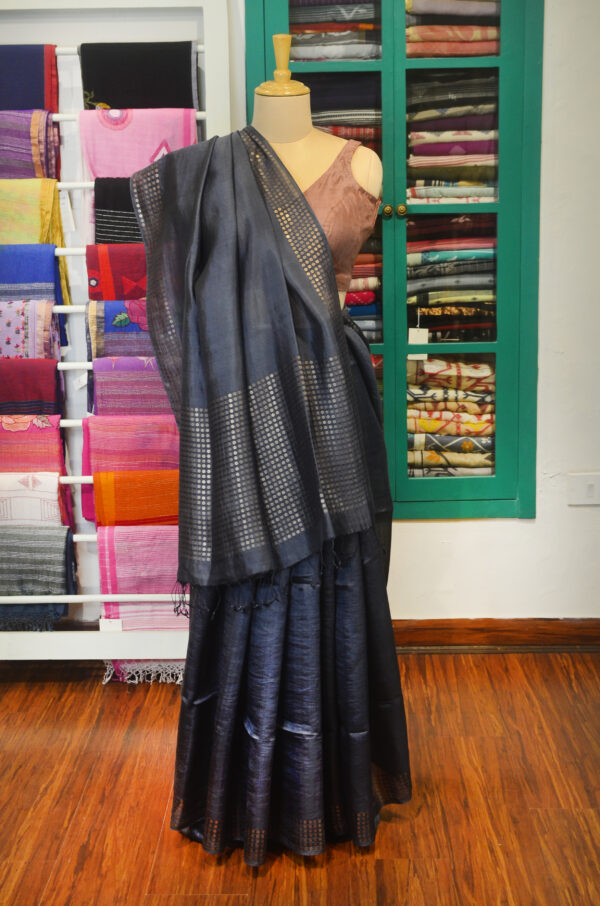 Handspun Handwoven Black Mulberry Silk Saree - Image 7