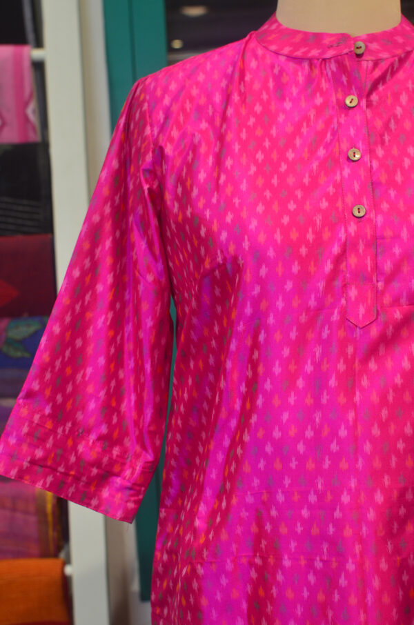 Hand Spun Handwoven Pure Silk Hot pink round Neck Straight Fit Dress with Lining - Image 2
