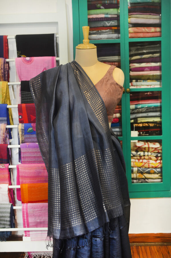 Handspun Handwoven Black Mulberry Silk Saree - Image 6