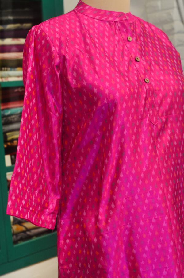 Hand Spun Handwoven Pure Silk Hot pink round Neck Straight Fit Dress with Lining - Image 4