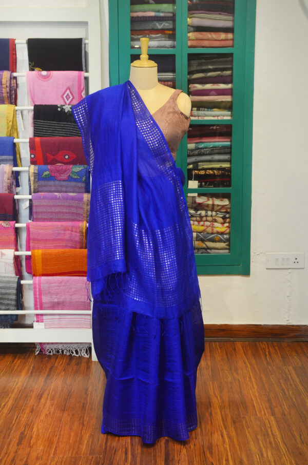 Handspun Handwoven Royal blue Mulberry Silk Saree - Image 9