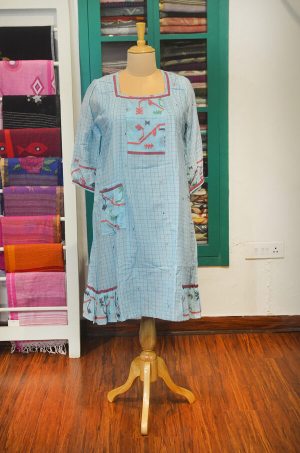 Hand Spun Handwoven Pure Cotton Jamdani Sky Blue Square neck Dress with Lining