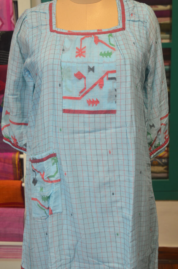 Hand Spun Handwoven Pure Cotton Jamdani Sky Blue Square neck Dress with Lining - Image 2