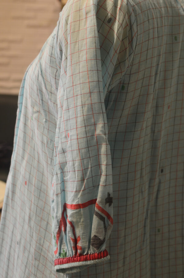 Hand Spun Handwoven Pure Cotton Jamdani Sky Blue Square neck Dress with Lining - Image 4