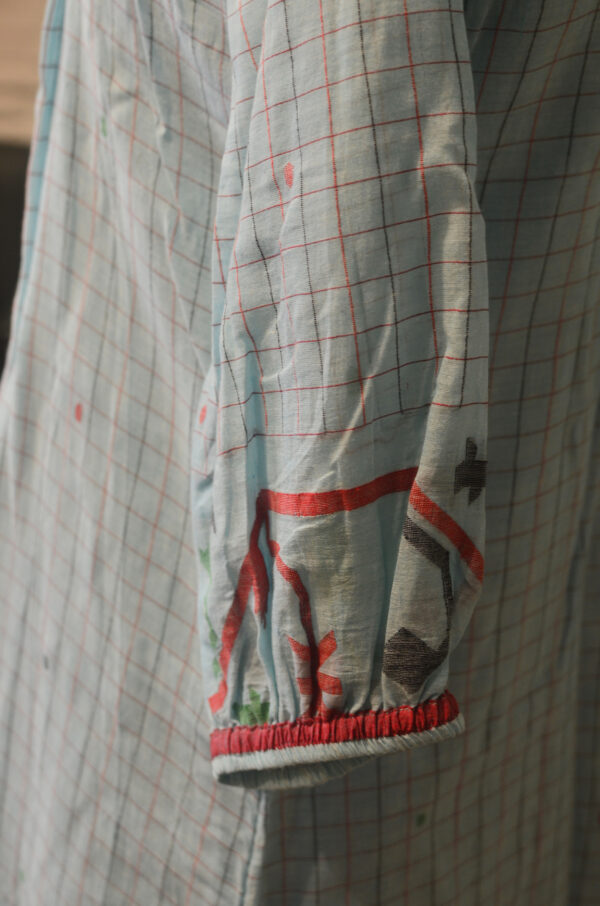 Hand Spun Handwoven Pure Cotton Jamdani Sky Blue Square neck Dress with Lining - Image 5