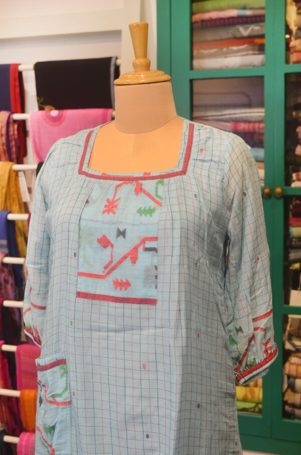 Hand Spun Handwoven Pure Cotton Jamdani Sky Blue Square neck Dress with Lining - Image 6