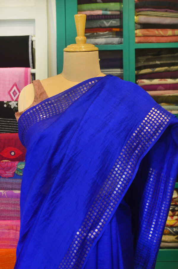 Handspun Handwoven Royal blue Mulberry Silk Saree - Image 7