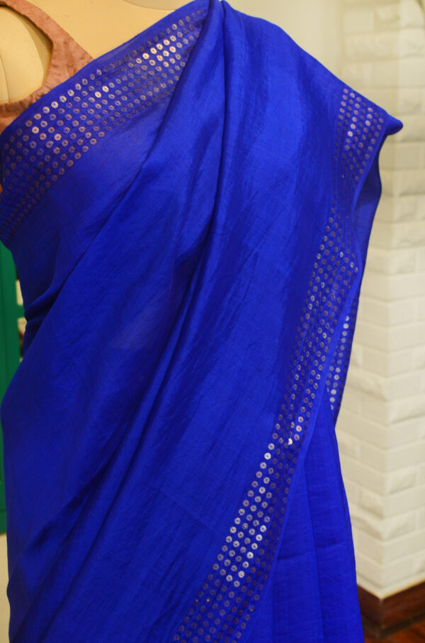 Handspun Handwoven Royal blue Mulberry Silk Saree - Image 5