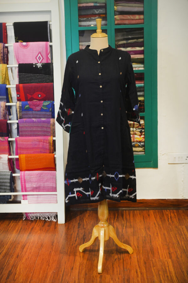 Hand Spun Handwoven Pure Cotton Jamdani Blue Round neck Dress with Lining