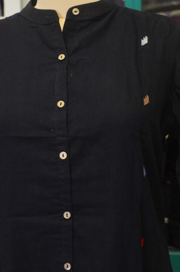 Hand Spun Handwoven Pure Cotton Jamdani Blue Round neck Dress with Lining - Image 2