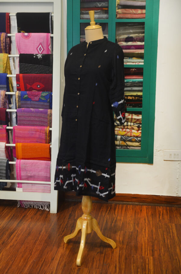Hand Spun Handwoven Pure Cotton Jamdani Blue Round neck Dress with Lining - Image 6