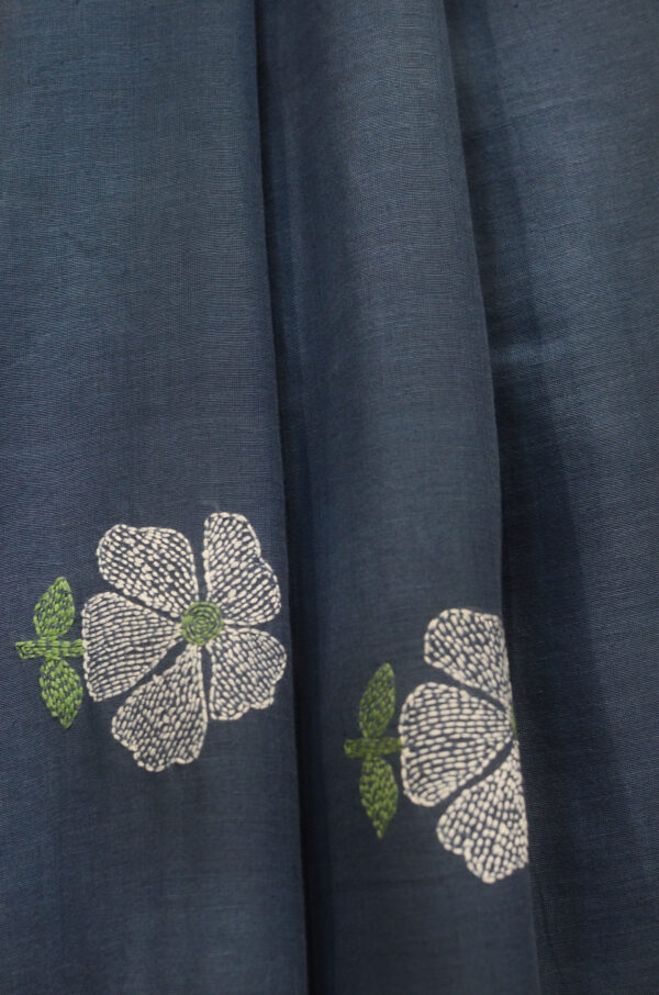 Handspun Handwoven Blue Soft Cotton Kantha Saree - Image 3