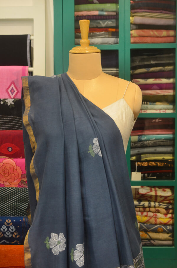Handspun Handwoven Blue Soft Cotton Kantha Saree - Image 4