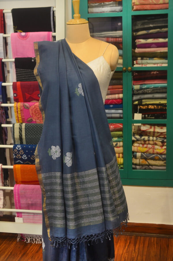 Handspun Handwoven Blue Soft Cotton Kantha Saree - Image 5