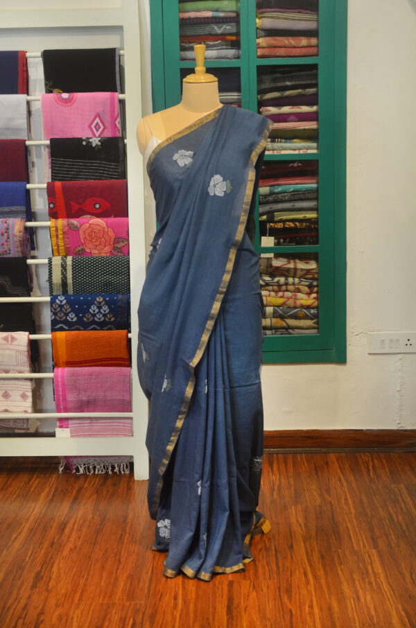 Handspun Handwoven Blue Soft Cotton Kantha Saree