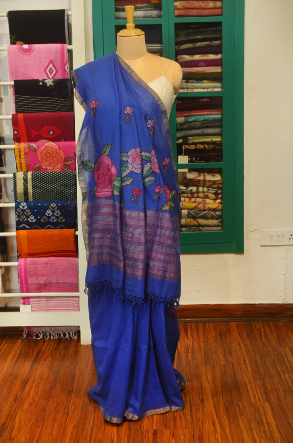 Handspun Handwoven Blue Soft Cotton Kantha Saree