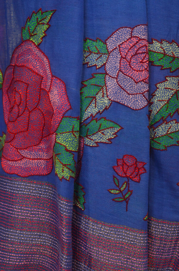 Handspun Handwoven Blue Soft Cotton Kantha Saree - Image 2