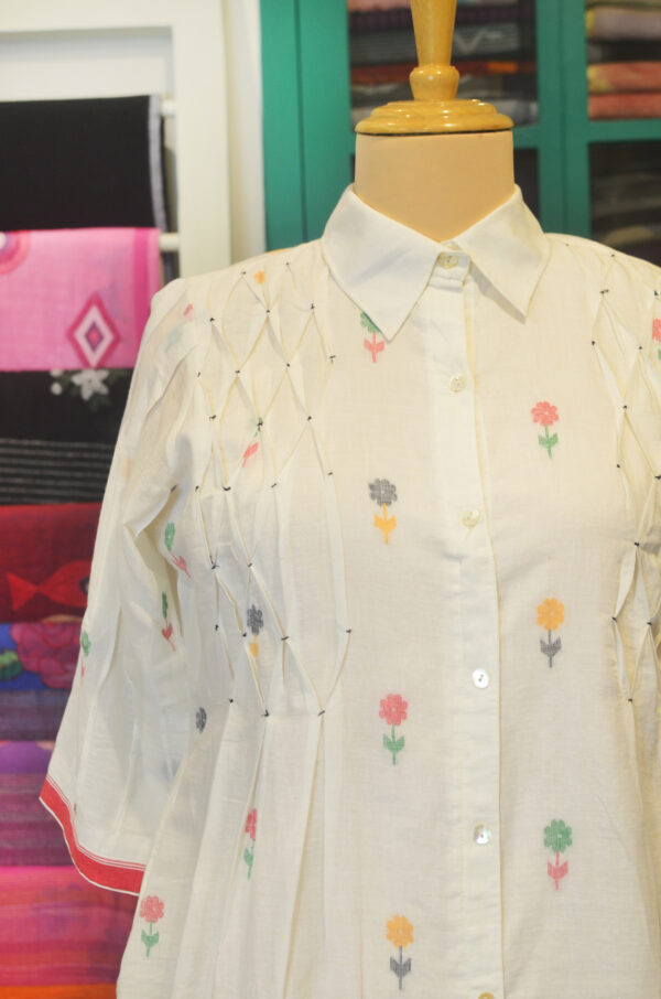 Hand Spun Handwoven Cotton Milky White Jamdani Dress - Image 2
