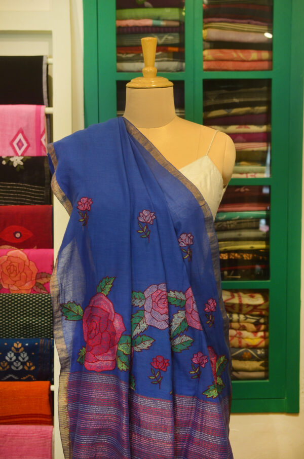 Handspun Handwoven Blue Soft Cotton Kantha Saree - Image 3