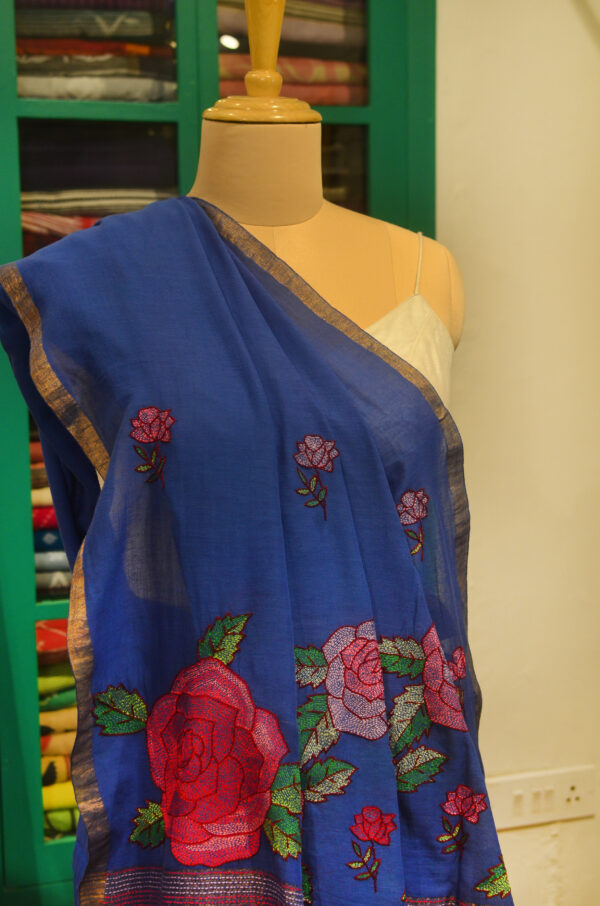 Handspun Handwoven Blue Soft Cotton Kantha Saree - Image 6
