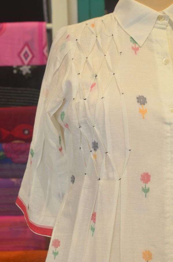 Hand Spun Handwoven Cotton Milky White Jamdani Dress - Image 4