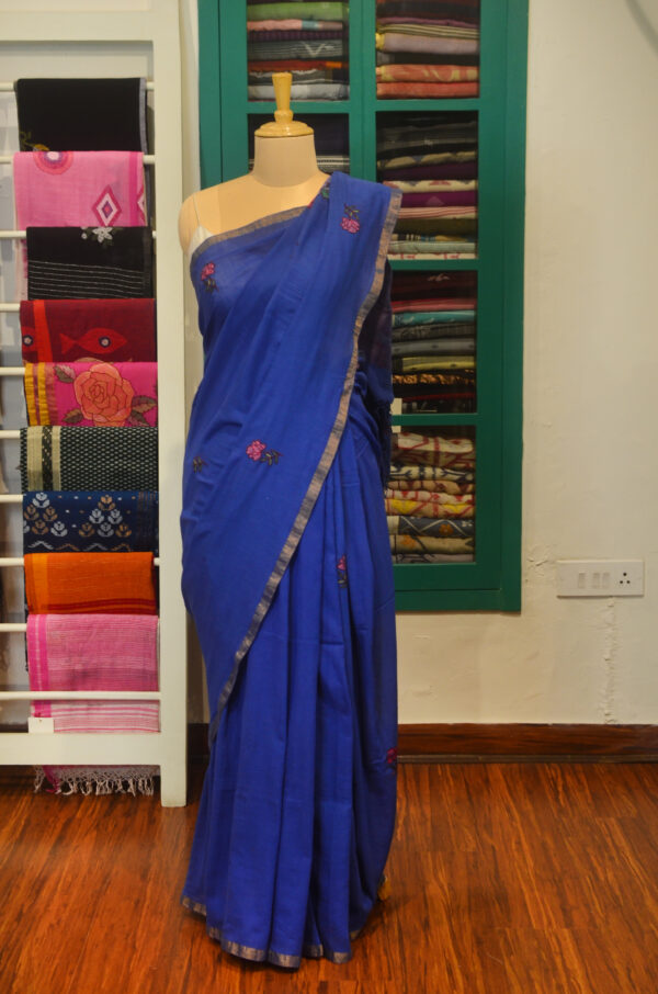 Handspun Handwoven Blue Soft Cotton Kantha Saree - Image 7