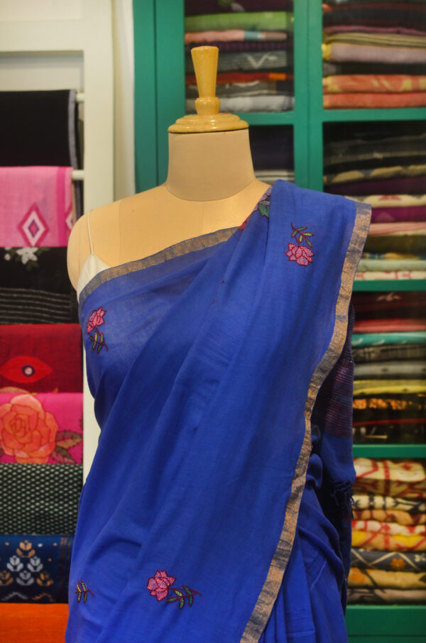 Handspun Handwoven Blue Soft Cotton Kantha Saree - Image 5