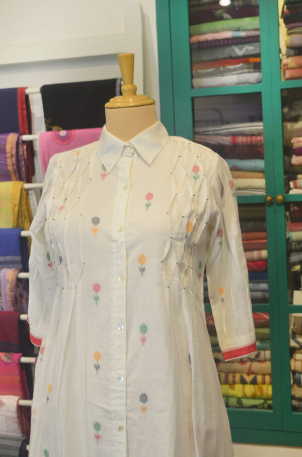 Hand Spun Handwoven Cotton Milky White Jamdani Dress - Image 6