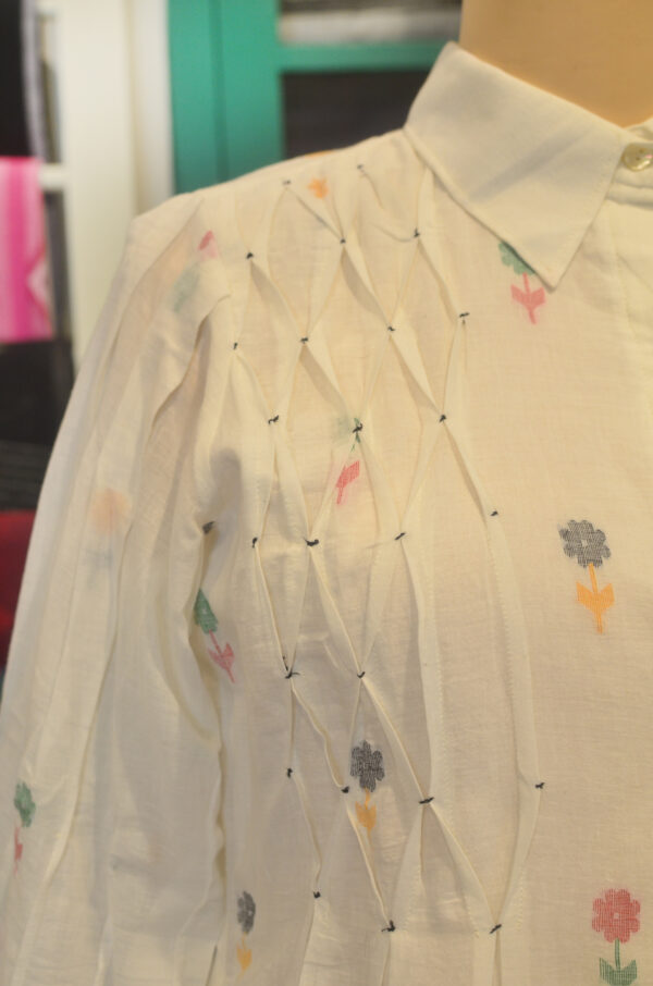 Hand Spun Handwoven Cotton Milky White Jamdani Dress - Image 9