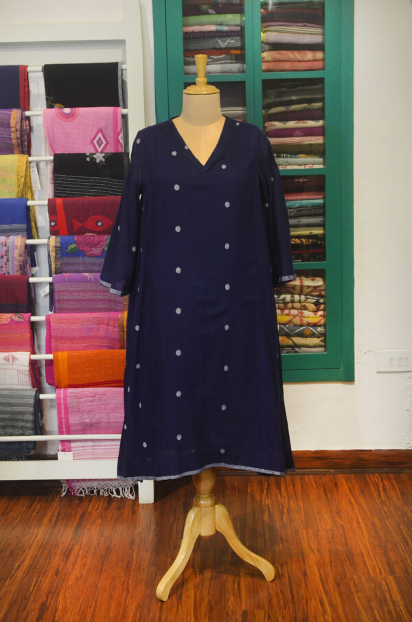 Hand Spun Handwoven Pure Cotton Jamdani Blue V Neck Dress
