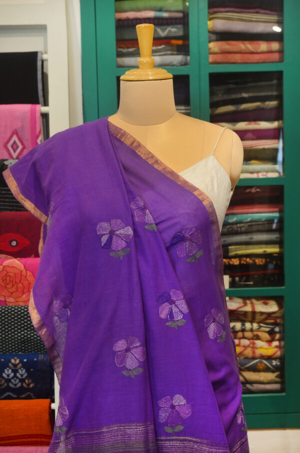Handspun Handwoven Purple Soft Cotton Kantha Saree - Image 7