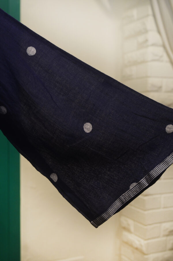 Hand Spun Handwoven Pure Cotton Jamdani Blue V Neck Dress - Image 2
