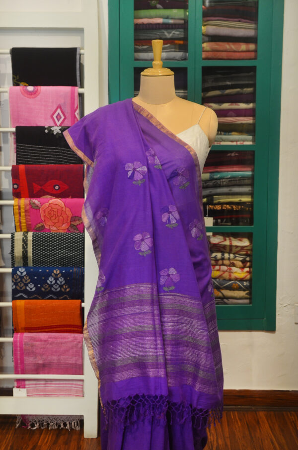 Handspun Handwoven Purple Soft Cotton Kantha Saree - Image 8