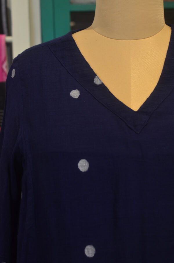 Hand Spun Handwoven Pure Cotton Jamdani Blue V Neck Dress - Image 3