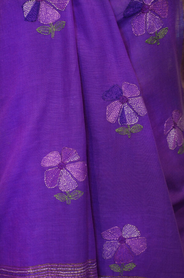 Handspun Handwoven Purple Soft Cotton Kantha Saree - Image 6