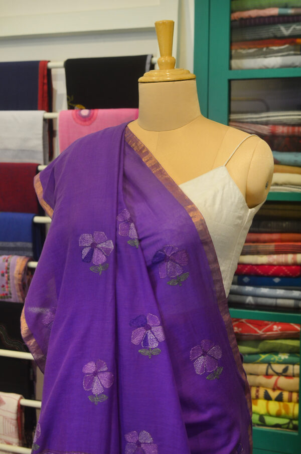 Handspun Handwoven Purple Soft Cotton Kantha Saree - Image 5