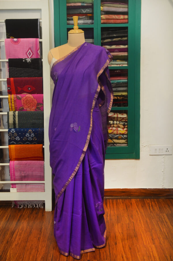 Handspun Handwoven Purple Soft Cotton Kantha Saree - Image 4