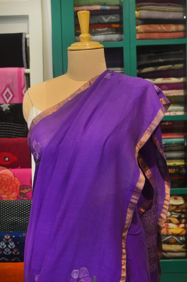 Handspun Handwoven Purple Soft Cotton Kantha Saree - Image 3
