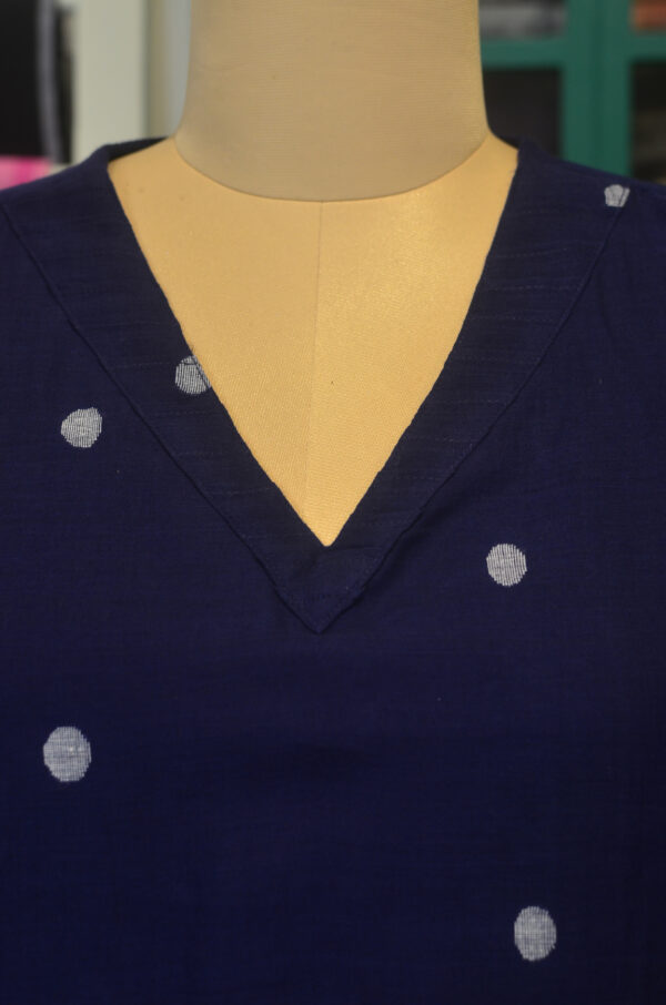Hand Spun Handwoven Pure Cotton Jamdani Blue V Neck Dress - Image 6