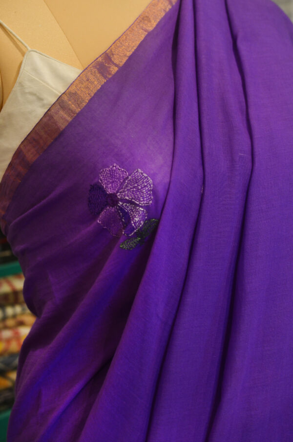 Handspun Handwoven Purple Soft Cotton Kantha Saree - Image 2