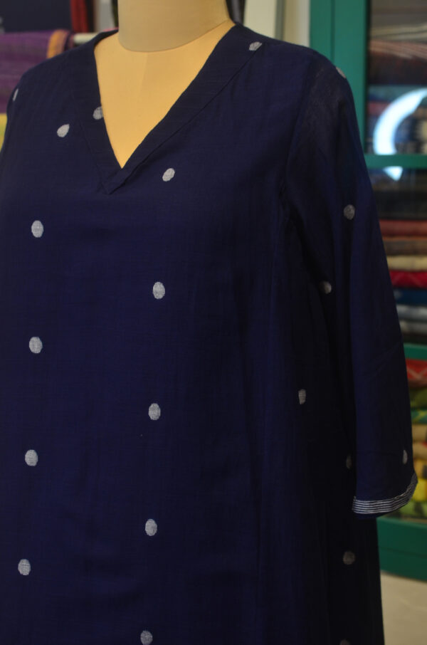 Hand Spun Handwoven Pure Cotton Jamdani Blue V Neck Dress - Image 7