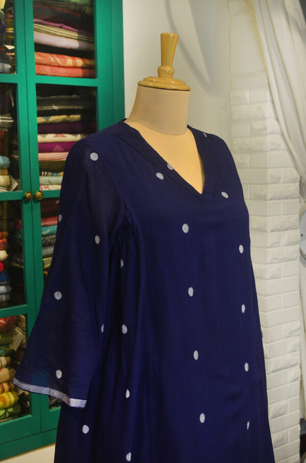 Hand Spun Handwoven Pure Cotton Jamdani Blue V Neck Dress - Image 9