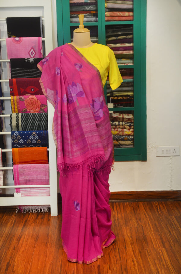Handspun Handwoven Pink Soft Cotton Kantha Saree