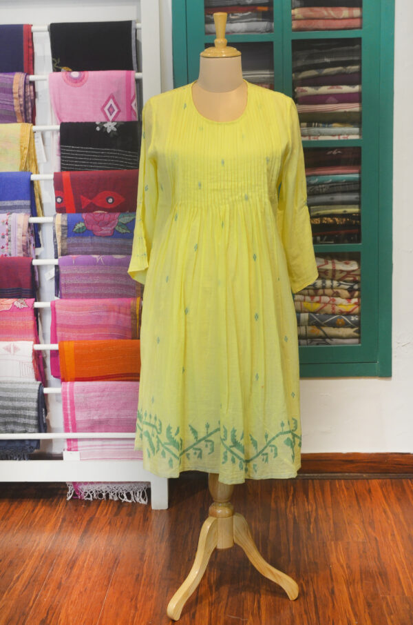 Hand spun Handwoven Pure cotton Jamdani Yellow Round Neck Dress with Lining