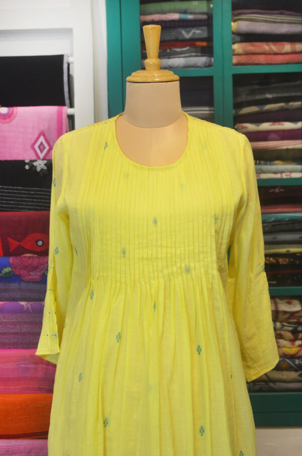 Hand spun Handwoven Pure cotton Jamdani Yellow Round Neck Dress with Lining - Image 2