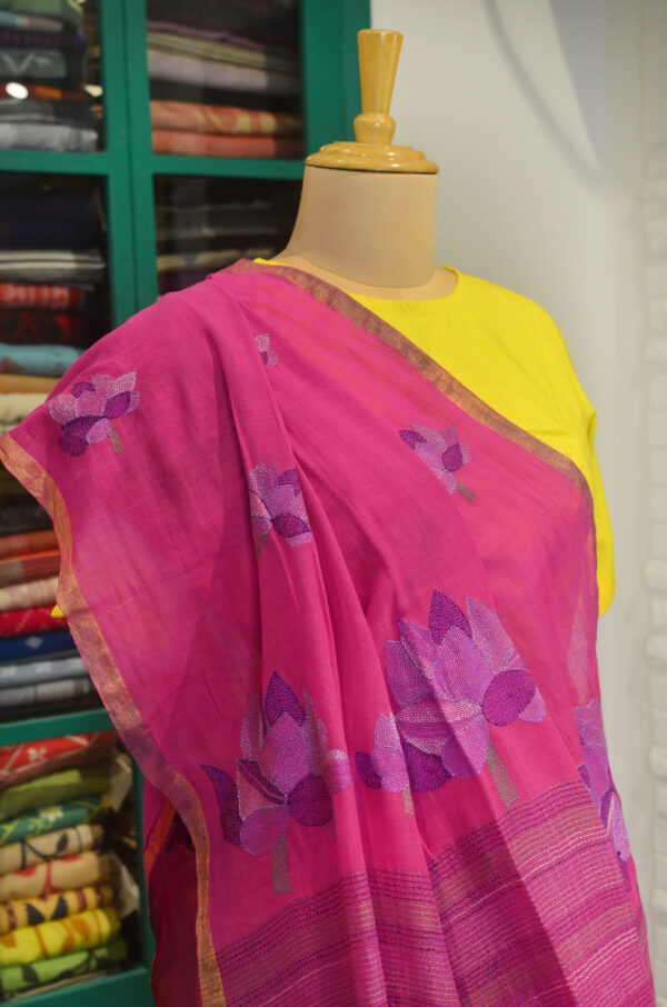 Handspun Handwoven Pink Soft Cotton Kantha Saree - Image 9